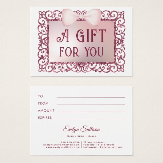 Carte cadeau arc cadre parties scintillant rose (Devant & derrière)