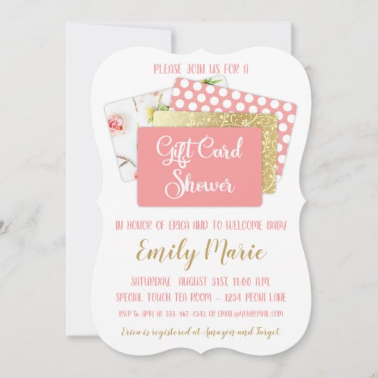 Carte cadeau Baby shower fille rose et or (Devant)