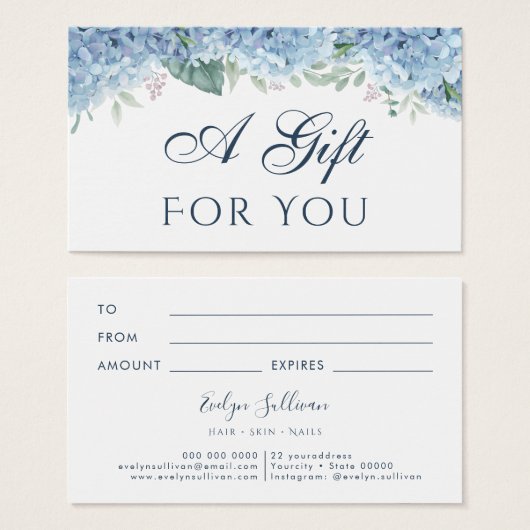 Carte cadeau Blue Hydrangea (Devant & derrière)