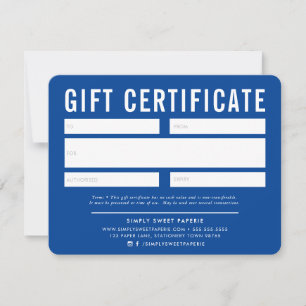 Carte CADEAU CERTIFICAT affaires moderne chic bleu royal