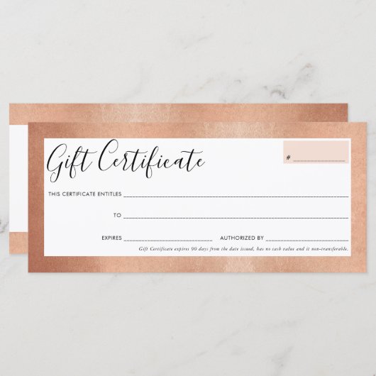 Carte CADEAU CERTIFICAT élégant glam rose or chic (Devant / Derrière)
