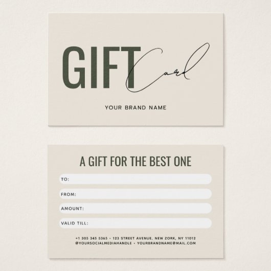 Carte cadeau client beige vert moderne professionn (Devant & derrière)