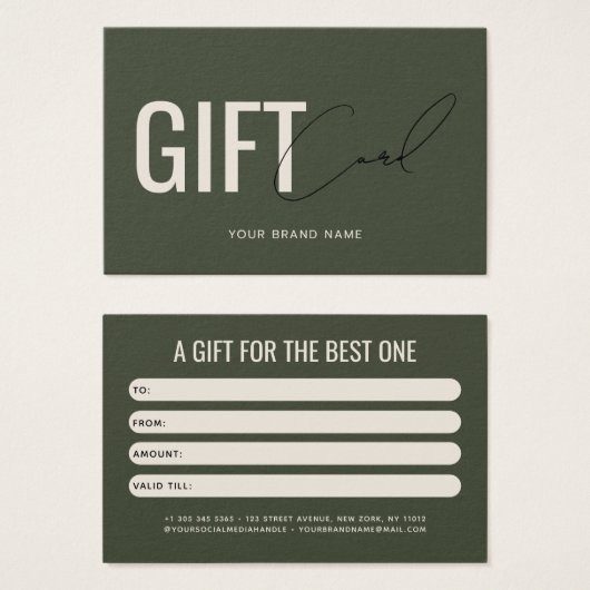 Carte cadeau client vert olive moderne professionn (Devant & derrière)