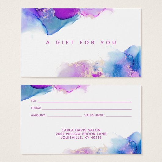 Carte-cadeau encre alcoolique bleu violet Script S (Devant & derrière)