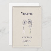 Carte cadeau fleur de naissance février violette (Devant / Derrière)