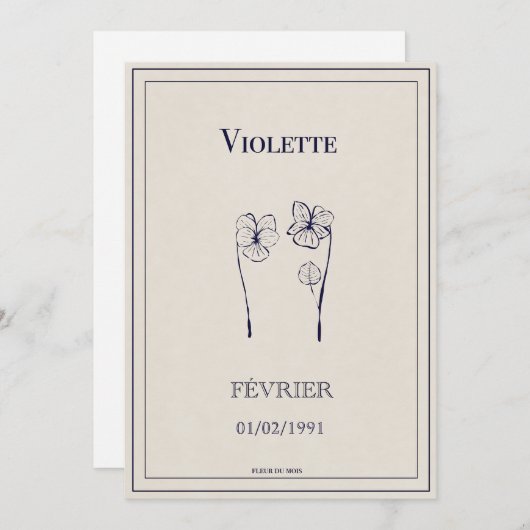 Carte cadeau fleur de naissance février violette (Devant / Derrière)