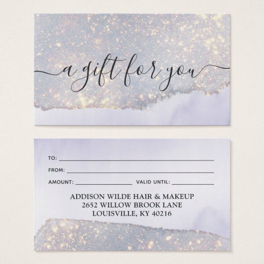 Carte cadeau Holographic Purple Parties scintillan (Devant & derrière)