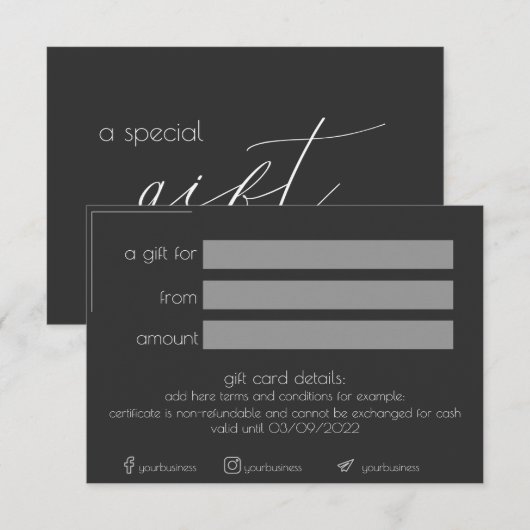 Carte cadeau minimaliste pour entreprise noire (Devant / Derrière)