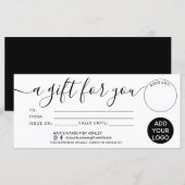 Carte Cadeau moderne noir blanc pour votre logo de certi (Devant / Derrière)