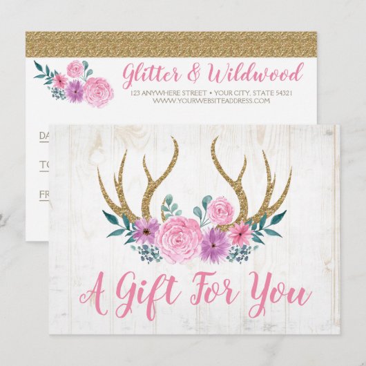 Carte cadeau Rustic Wood & Floral Antlers (Devant / Derrière)
