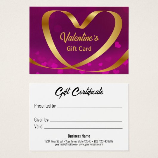 Carte cadeau Valentine's Day Gold Heart Ribbon Pur (Devant & derrière)