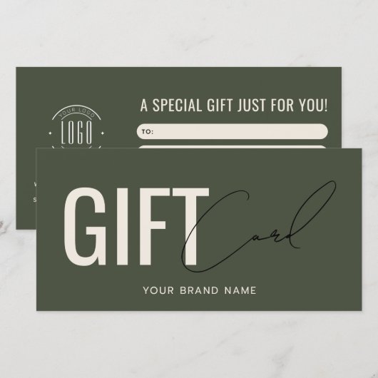 Carte cadeau vert olive moderne avec logo professi (Devant / Derrière)