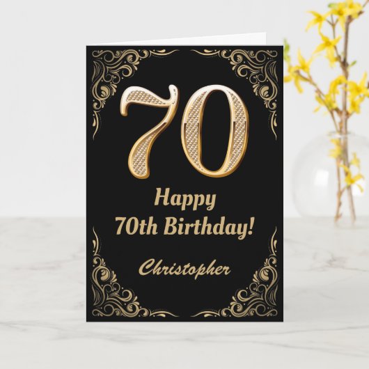 Carte Cadre avec paillettes noir et or pour 70e annivers (Fleur jaune)
