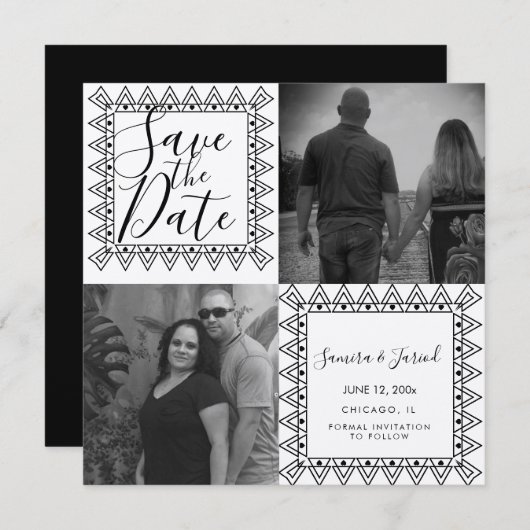 Carte Cadre de coeur noir blanc photo Enregistrer la dat (Devant / Derrière)