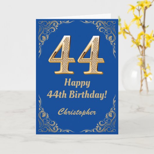 Carte Cadre de Parties scintillant bleu et or 44e annive (Fleur jaune)