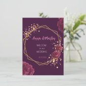 Carte cadre doré avec des fleurs sur un fond bordeaux (Debout devant)