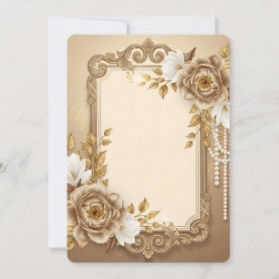 Carte Cadre Floral Élégant en Or avec Accents de Perles