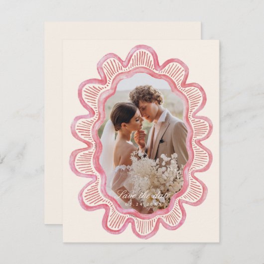 Carte Cadre photo ovale rose paille peint à la main (Devant / Derrière)