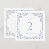 Carte Cadre Vintage bleu Dusty Elegant Script Table No. (Devant / Derrière)