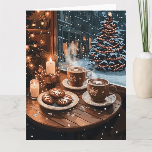 Carte Café cosy d'hiver avec chocolat chaud et biscuits (Devant)