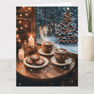 Carte Café cosy d'hiver avec chocolat chaud et biscuits