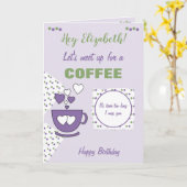 Carte Café et amis vert et pourpre Anniversaire (Fleur jaune)