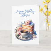 Carte Café et gâteau | Joyeux anniversaire personnalisé (Fleur jaune)