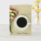 Carte café noir en tasse avec oeillets sur burlap (Fleur jaune)