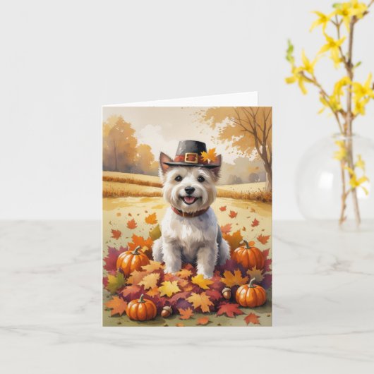 Carte Cairn Terrier En Automne Quitte L'Art Thanksgiving (Fleur jaune)
