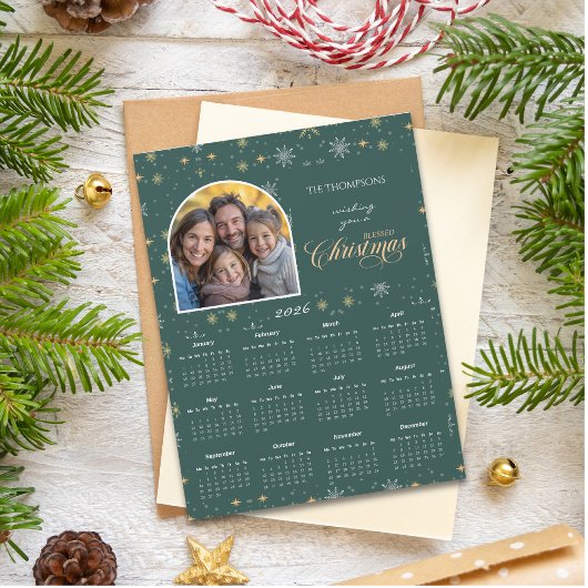 Carte Calendrier 2026 de la photo Green Snowflake