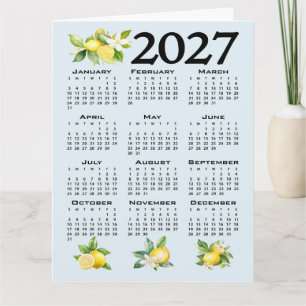 Carte Calendrier 2027 de style italien Citrons Fond bleu
