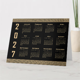 Carte Calendrier 2027, Frette Grecque, Beige sur Noir