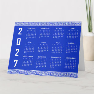 Carte Calendrier 2027, Frette grecque, Blanc sur bleu gr