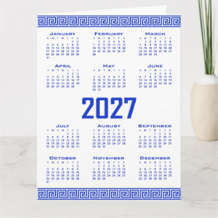 Carte Calendrier 2027, Frette Grecque, Bleu Grec sur Fon