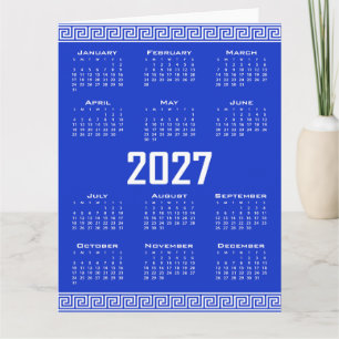 Carte Calendrier 2027, Méandre Grec, Blanc sur Bleu Grec