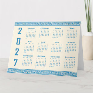 Carte Calendrier 2027, Méandre Grec, Bleu sur Latte Cosm