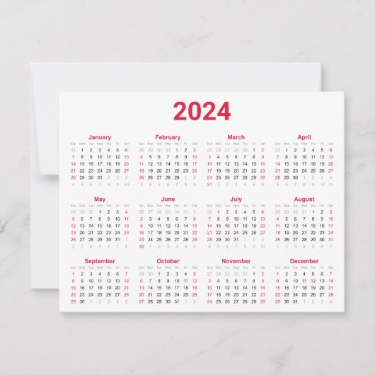 Carte Calendrier annuel simple rouge et blanc 2024 (Devant)