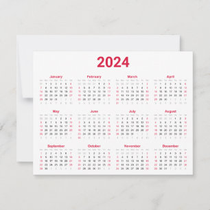 Carte Calendrier annuel simple rouge et blanc 2024