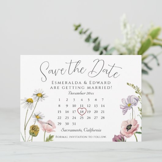 Carte Calendrier Mariage Fleur Sauvage Simple Enregistre (Debout devant)