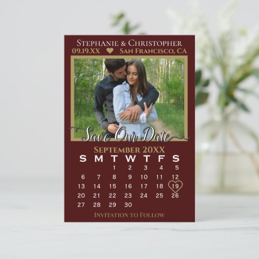 Carte Calendrier photo Auburn & Gold Mariage Enregistrer (Debout devant)