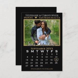 Carte Calendrier photo Black & Gold Mariage Enregistrer