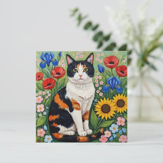 Carte Calico Chat et Fleurs de soleil d'art populaire (Debout devant)