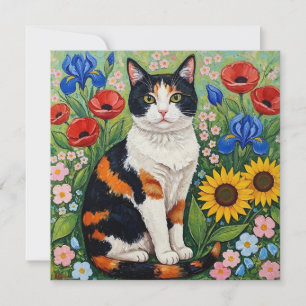 Carte Calico Chat et Fleurs de soleil d'art populaire