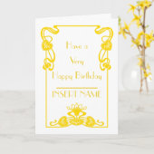Carte Calligraphie Art déco Anniversaire blanc et or (Fleur jaune)