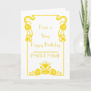 Carte Calligraphie Art déco Anniversaire blanc et or