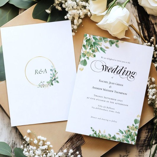 Carte Calligraphie Eucalyptus Gold Monogram Mariage