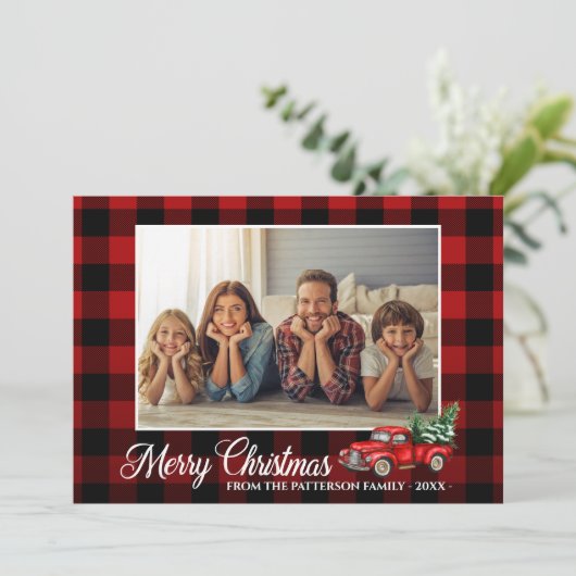 Carte Calligraphie Script Photo Buffalo Plaid Camion Rou (Debout devant)
