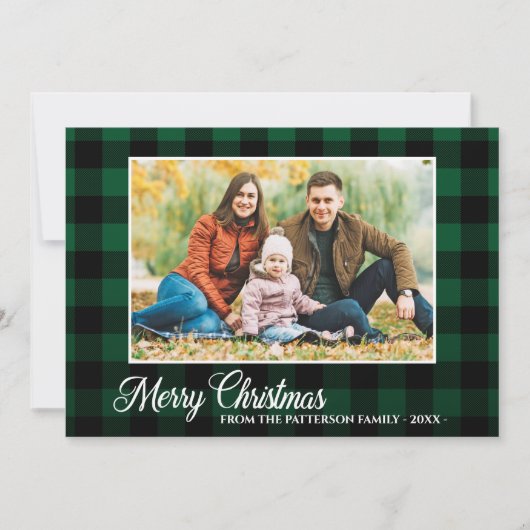 Carte Calligraphie Script Photo Vert Plaid Noël (Devant)
