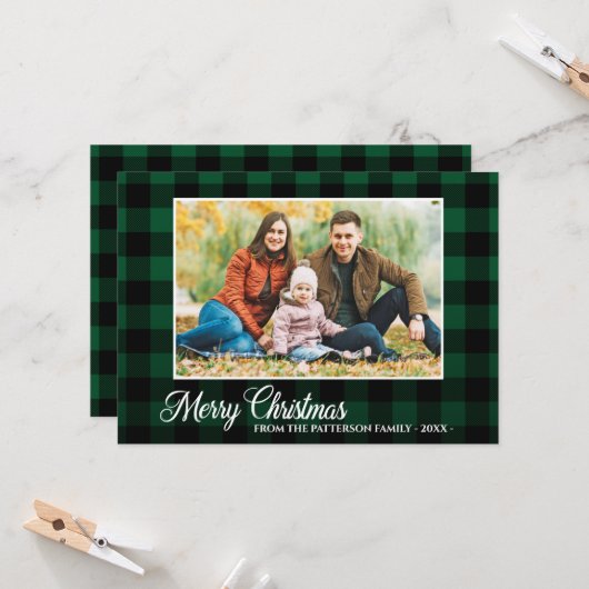 Carte Calligraphie Script Photo Vert Plaid Noël (Devant/Arrière en situation)