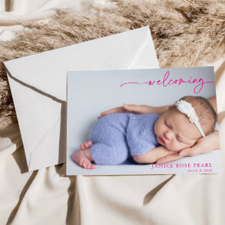 Carte Calligraphy Pink Welcoming Baby Announcement card